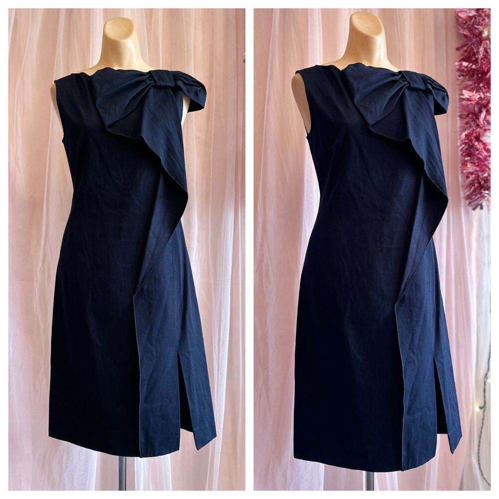 Valentino Red Navy Blue Shift Dress Sleeveless Bateau Neckline Oversized Bow 6 S